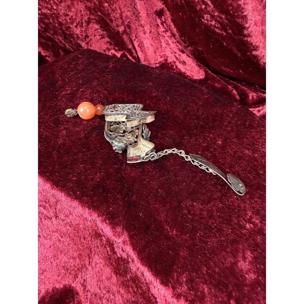 Antique Silver Needle Case Pendant Chatelaine Carnelian Bead Late Qing Dynasty - Picture 6 of 15